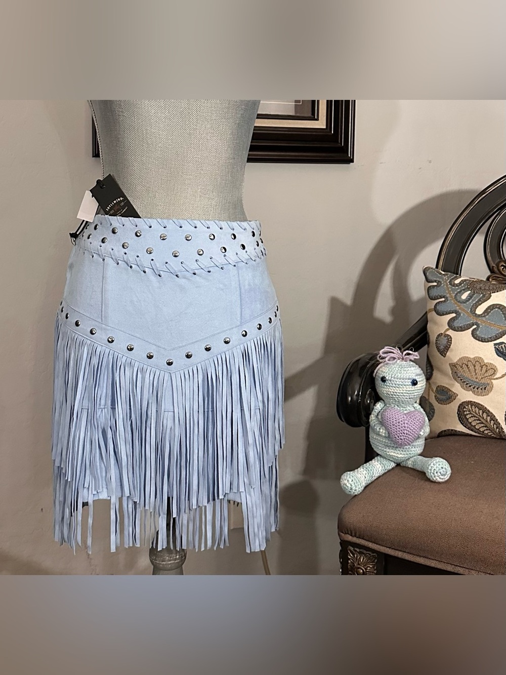 Idyllwind Sky Blue Faux Suede Studded Fringe Western Mini Skirt